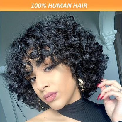 Loose Curly Brazilian Human Hair Wig With Bang For Women Curly Loose Wave Style, 250% Density, Full Machine Made, Non-Lace, Glueless Wigs, Easy To Wear 10inches 25.4cm