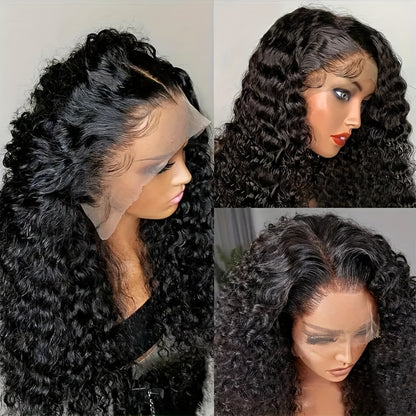 250% 13x4 Water Wave Lace Front Wigs Curly Wave Human Hair Wig Curly Lace Frontal Wig Wet And Wavy Lace Wig Natural Black Long Water Wave Lace Front Human Hair Wigs Plucked With Transparent HD Lace Front Wig #1B Natural Color