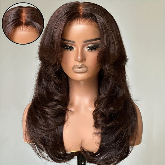 Elegant Caramel Brown 100% Human Hair Wig with Curtain Bangs - Long Layered, Curly Wave Style, Transparent 4x4 Lace Closure, Pre-Plucked Swiss Lace, Adjustable Straps, 180% Density, Brazilian Hair