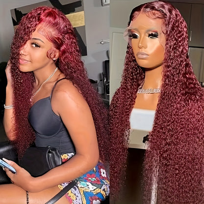 Glamorous BRYELLE 30" Deep Curly Burgundy Lace Front Wig - 200% Density, 13x4 HD Lace, Real Human Hair, Versatile & Natural Look for All Women