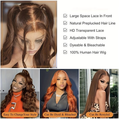 Chocolate Brown Body Wave Lace Front Wig Human Hair Swiss HD Lace Frontal Wig Pre Plucked With Ear To Ear Baby Hair #4 Colored Brazilian Long Loose Wave Wig Chestnut Brown Wig