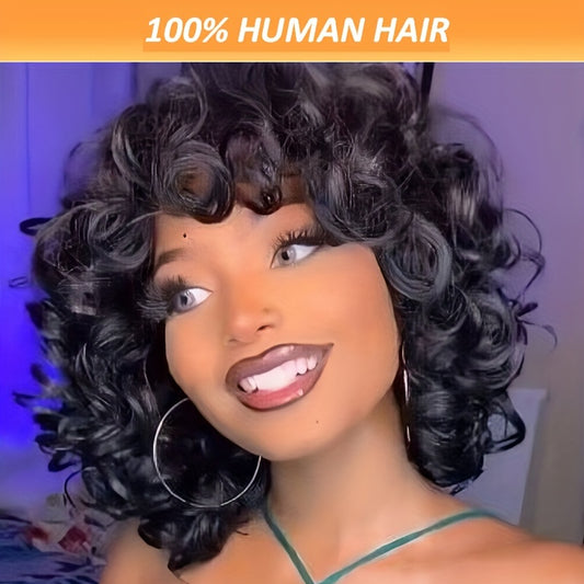 Short Bob Afro Loose Curl Wig With Bangs, 100% Human Hair Pixie Cut Wig, Bouncy Curls Put On And Go Wigs For Women No Lace Front Big Curly Wig 150% Density 10 Inch