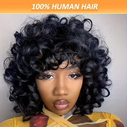 Short Bob Afro Loose Curl Wig With Bangs, 100% Human Hair Pixie Cut Wig, Bouncy Curls Put On And Go Wigs For Women No Lace Front Big Curly Wig 150% Density 10 Inch