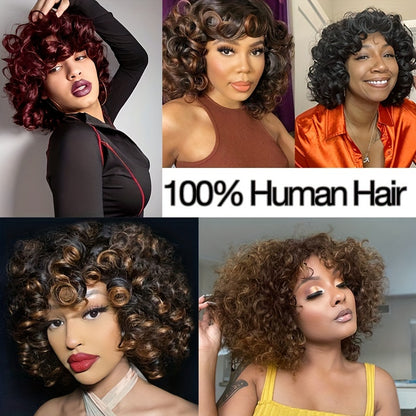 Short Bob Afro Loose Curl Wig With Bangs, 100% Human Hair Pixie Cut Wig, Bouncy Curls Put On And Go Wigs For Women No Lace Front Big Curly Wig 150% Density 10 Inch