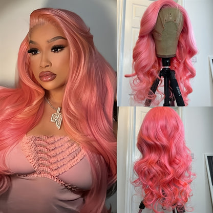 Hot Pink 13x4 HD Transparent Lace Front Human Hair Wigs Candy Pink Color Body Wave Wig Human Hair Pre Plucked With Baby Hair Brazilian Virgin Human Hair Wigs For Women Christmas Party Use