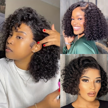 Luxurious 100% Human Hair Curly Wig with Natural Youngsters Hair - Transparent Lace Front, Pre-Plucked & Adjustable Cap, 180% Density, 14" Natural Black, Jerry Curls for Daily Use