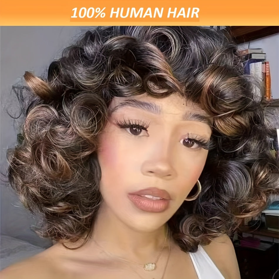 Loose Curly Brazilian Human Hair Wig With Bang For Women Curly Loose Wave Style, 250% Density, Full Machine Made, Non-Lace, Glueless Wigs, Easy To Wear 10inches 25.4cm