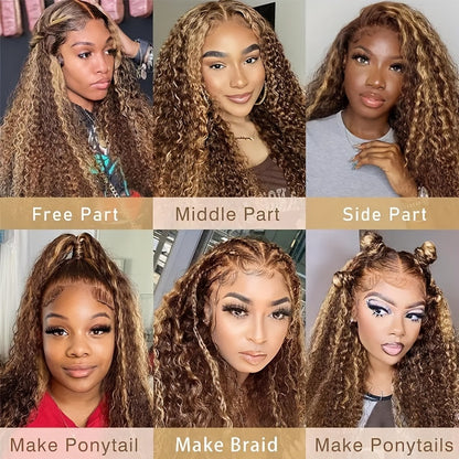 Glamorous Caramel Highlight 20-30" Lace Front Wig - 13x4 Brazilian Virgin Hair, Curly Ombre Honey Blonde Water Wave, 200% Density, Fluffy & Thick for Women