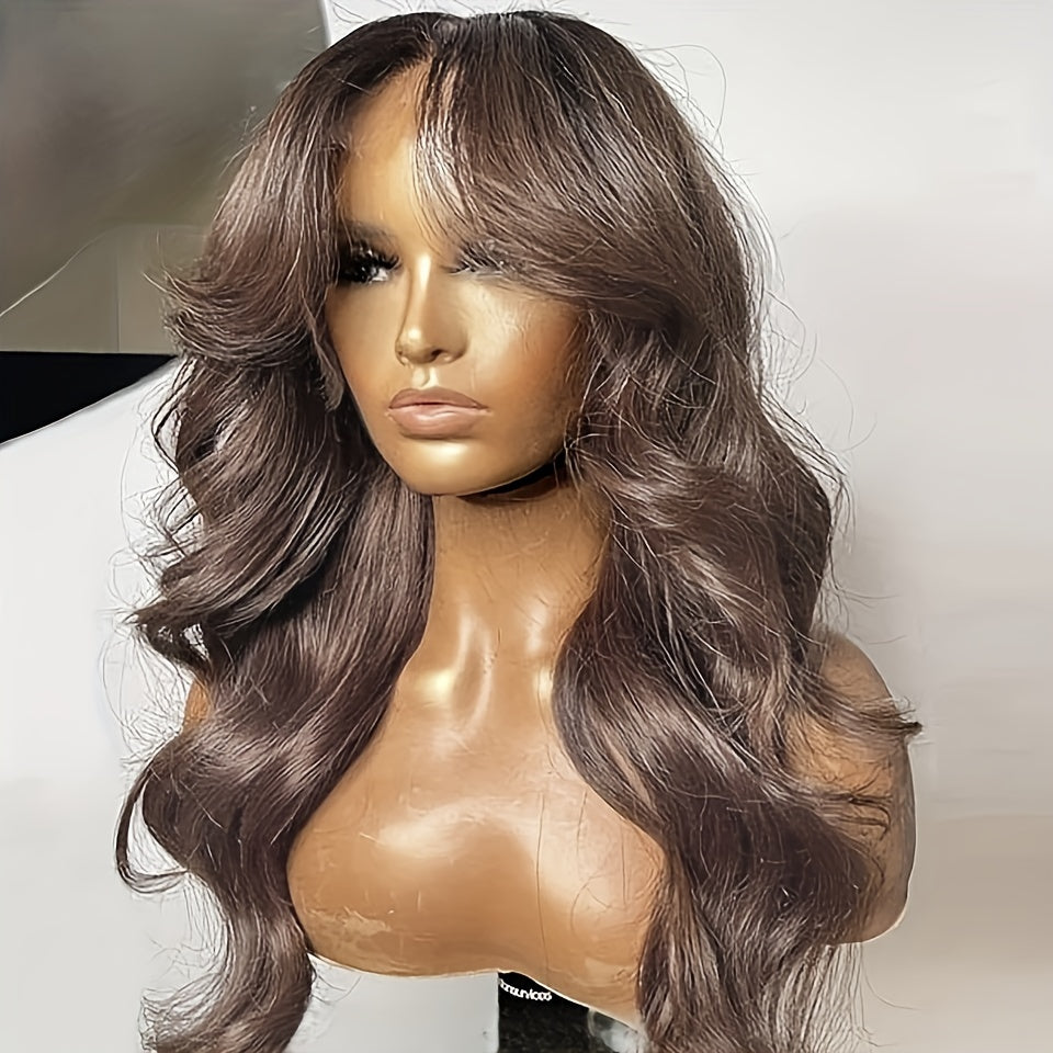 Chocolate Brown Body Wave Lace Front Wig Human Hair Swiss HD Lace Frontal Wig Pre Plucked With Ear To Ear Baby Hair #4 Colored Brazilian Long Loose Wave Wig Chestnut Brown Wig