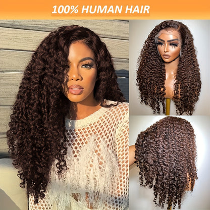 Luxurious 180% Density Brazilian Jerry Curly Wig for Women - Pre-Plucked with Natural Hairline, Transparent Lace Front, Deep Wave in Saddle Brown