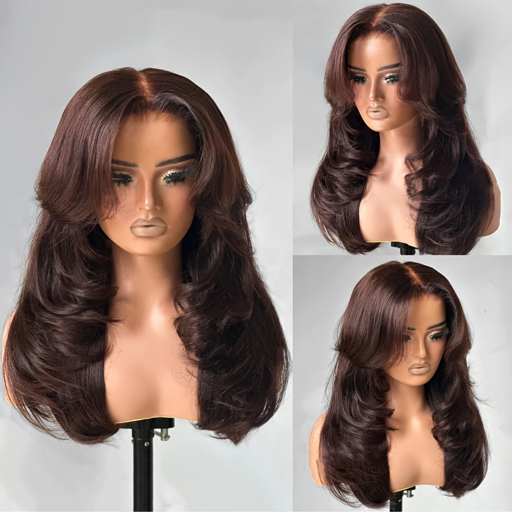 Elegant Caramel Brown 100% Human Hair Wig with Curtain Bangs - Long Layered, Curly Wave Style, Transparent 4x4 Lace Closure, Pre-Plucked Swiss Lace, Adjustable Straps, 180% Density, Brazilian Hair