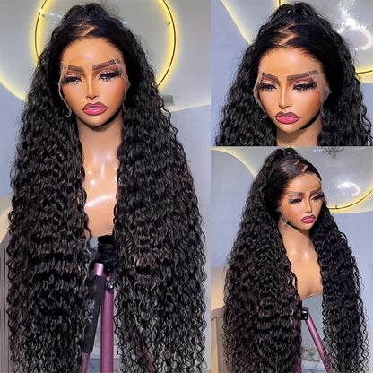 250% 13x4 Water Wave Lace Front Wigs Curly Wave Human Hair Wig Curly Lace Frontal Wig Wet And Wavy Lace Wig Natural Black Long Water Wave Lace Front Human Hair Wigs Plucked With Transparent HD Lace Front Wig #1B Natural Color