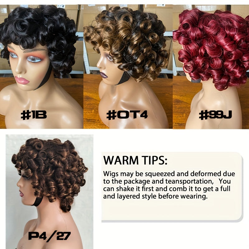 Short Bob Afro Loose Curl Wig With Bangs, 100% Human Hair Pixie Cut Wig, Bouncy Curls Put On And Go Wigs For Women No Lace Front Big Curly Wig 150% Density 10 Inch