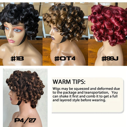 Short Bob Afro Loose Curl Wig With Bangs, 100% Human Hair Pixie Cut Wig, Bouncy Curls Put On And Go Wigs For Women No Lace Front Big Curly Wig 150% Density 10 Inch