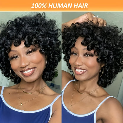 Loose Curly Brazilian Human Hair Wig With Bang For Women Curly Loose Wave Style, 250% Density, Full Machine Made, Non-Lace, Glueless Wigs, Easy To Wear 10inches 25.4cm