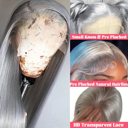 Elegant Silvery Grey Human Hair Wig for Women - Pre-Plucked 13x4 HD Transparent Lace Front, 24" Straight with Youngsters Hairs, 180% Density