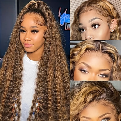 Glamorous Caramel Highlight 20-30" Lace Front Wig - 13x4 Brazilian Virgin Hair, Curly Ombre Honey Blonde Water Wave, 200% Density, Fluffy & Thick for Women