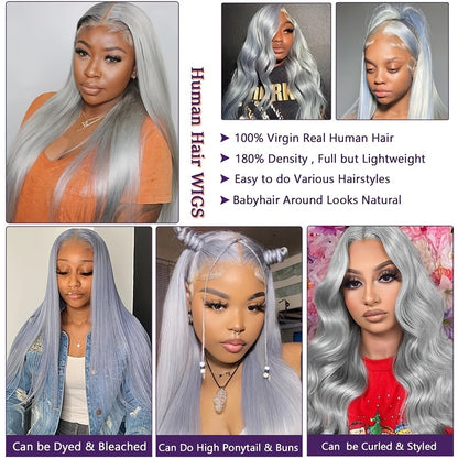 Elegant Silvery Grey Human Hair Wig for Women - Pre-Plucked 13x4 HD Transparent Lace Front, 24" Straight with Youngsters Hairs, 180% Density