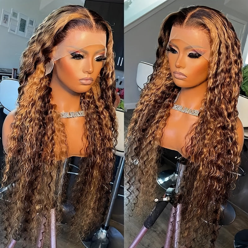 Glamorous Caramel Highlight 20-30" Lace Front Wig - 13x4 Brazilian Virgin Hair, Curly Ombre Honey Blonde Water Wave, 200% Density, Fluffy & Thick for Women