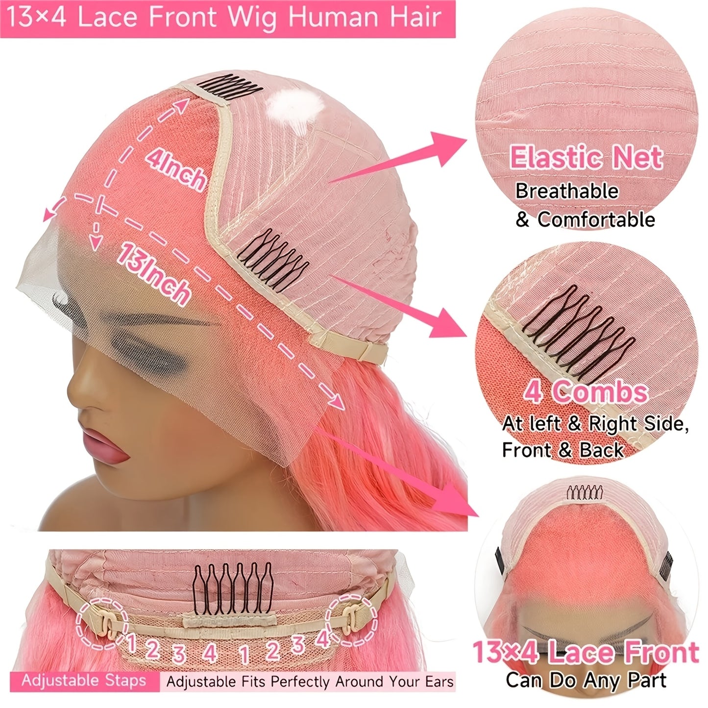 Hot Pink 13x4 HD Transparent Lace Front Human Hair Wigs Candy Pink Color Body Wave Wig Human Hair Pre Plucked With Baby Hair Brazilian Virgin Human Hair Wigs For Women Christmas Party Use