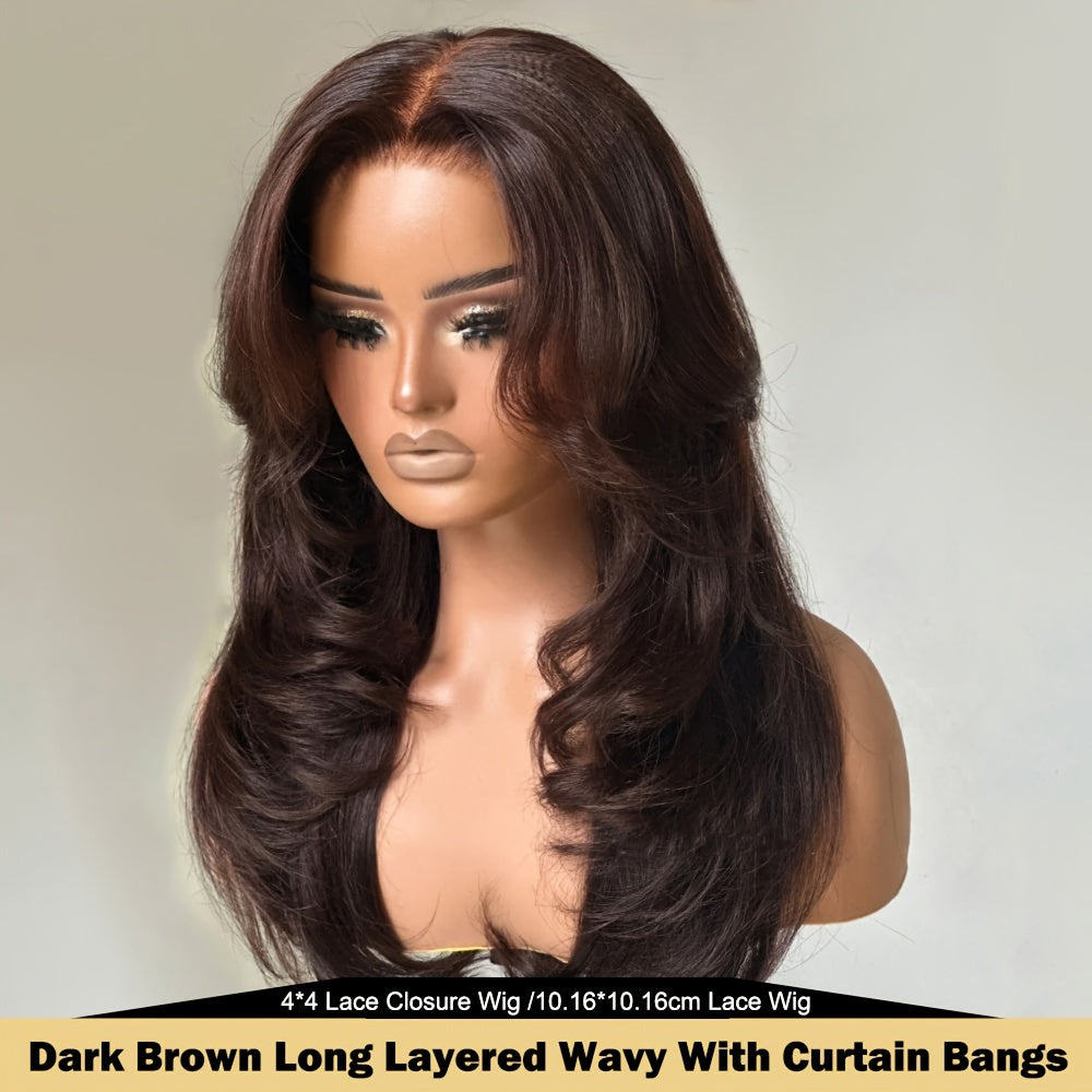 Elegant Caramel Brown 100% Human Hair Wig with Curtain Bangs - Long Layered, Curly Wave Style, Transparent 4x4 Lace Closure, Pre-Plucked Swiss Lace, Adjustable Straps, 180% Density, Brazilian Hair