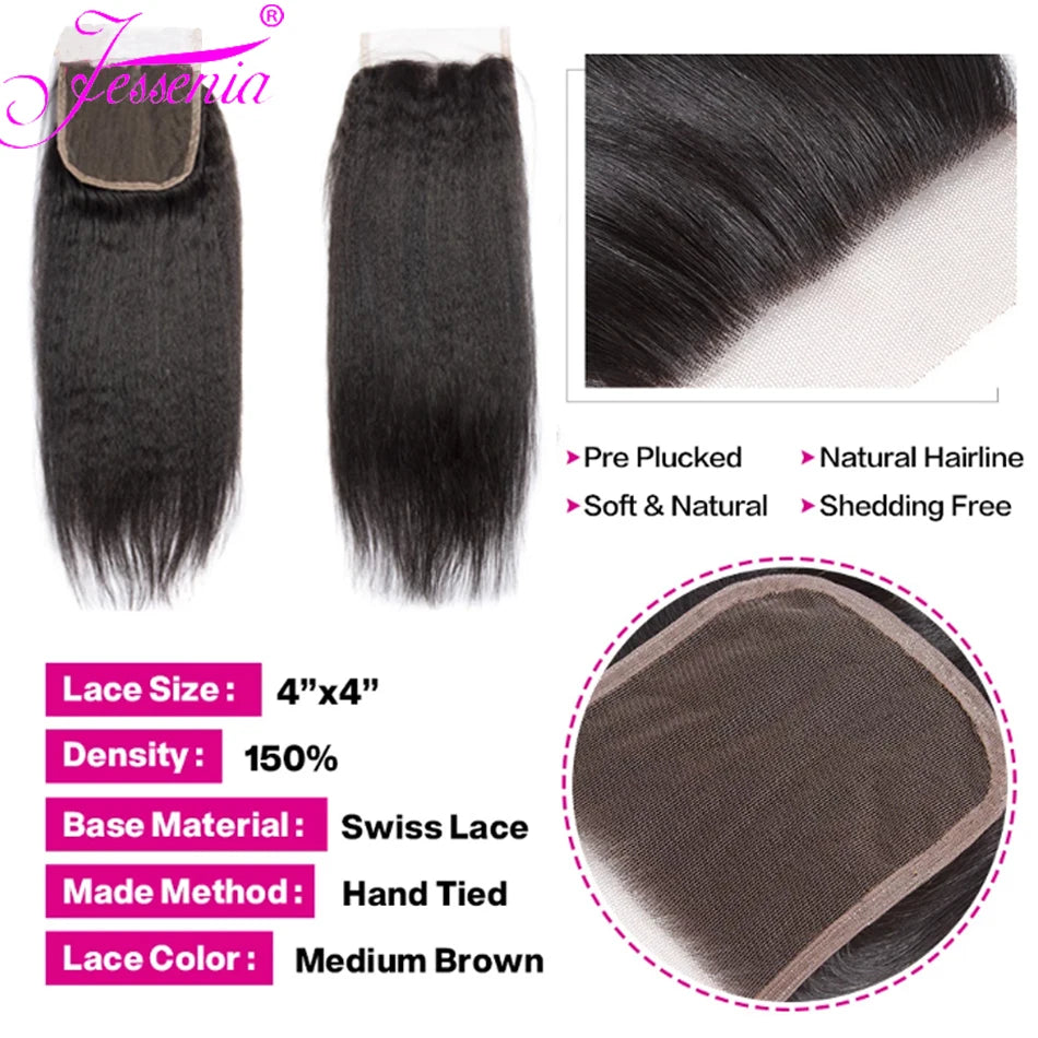 Kinky Straight Bundles With Closure 12A Brazilian Unprocessed Yaki Straight Human Hair Bundles HD Lace Frontals 4 Bundle Deals