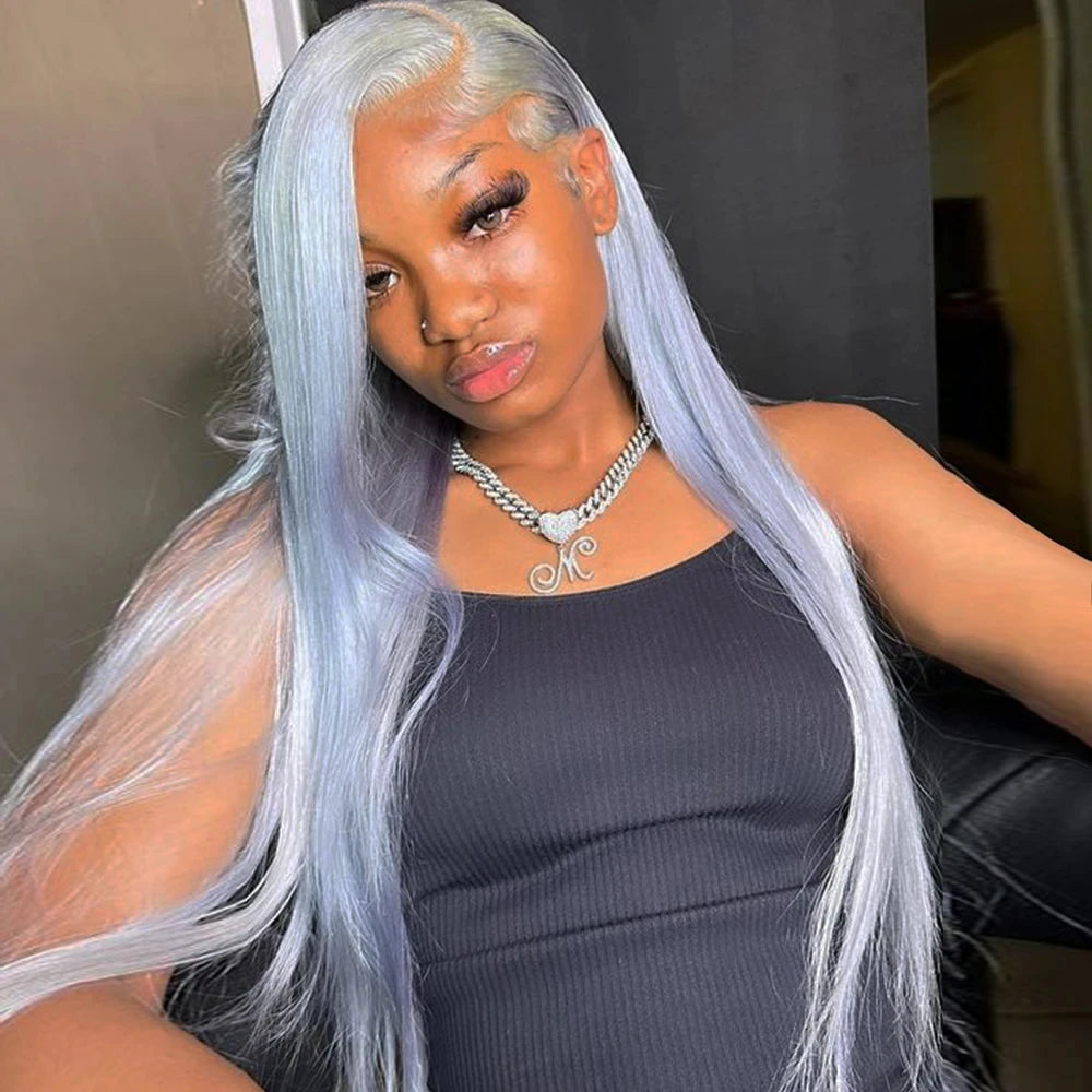 BRYELLE Silver Grey Straight Lace Front Wig 13x4 13x6 Lace Frontal Human Hair