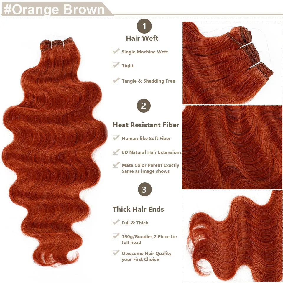 Ginger Brown Bio Body Wave Hair Weave Bundles 26"/30" Synthetic High Temperature Soft Natural Human-Like Fiber Hair Extensions