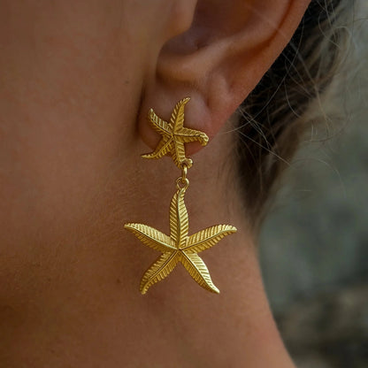 Uworld Stainless Steel Distinctive Double Drop Starfish Earrings  Waterproof 18K PVD Plated Quintessential Summer Feeling Women