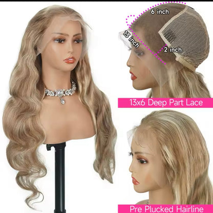 Highlight Ash Blonde Human Hair Lace Frontal Wig Body Wave 13x4 Transparent Lace Front Wig 613 Blonde Colored Human Hair Wigs