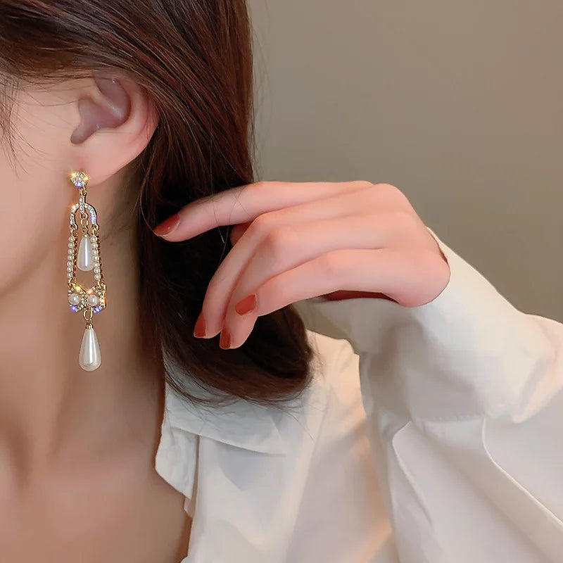 Korean Trendy Water Drop Crystal Long Dangle Earrings for Women Palace  Elegant Party Jewelry Gift