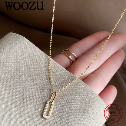 WOOZU 14k Gold Plated Gothic Oval Pave CZ Zircon 925 Sterling Silver Pendant Necklaces For Women French Rock Party Jewelry Gift