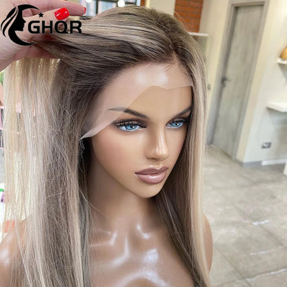 Highlight Wigs Human Hair Full Lace Ash Grey Blonde Straight Wigs with HD Transparent Lace Frontal Wigs for Women Free Shipping