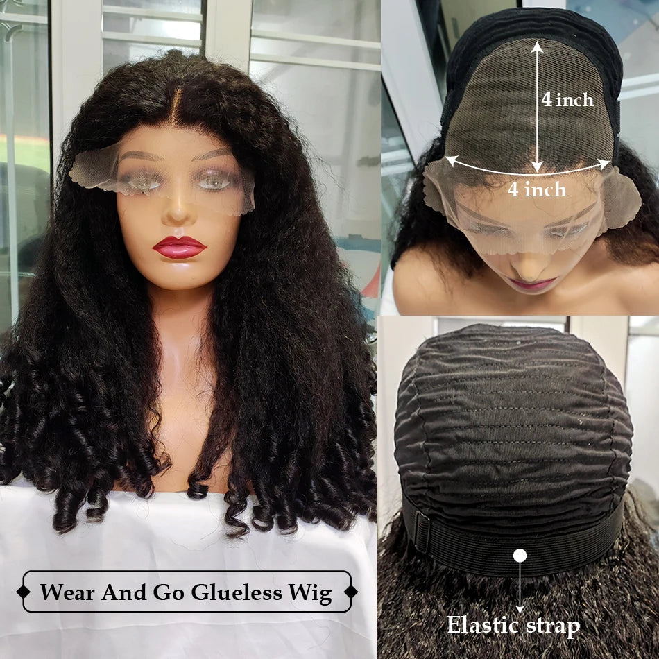 12A Malaysia Hair Glueless 4x4 HD Lace Wig Kinky Weave Lace Front Wigs 100% Human Hair for Women Yaki Wave Lace Closure Wigs