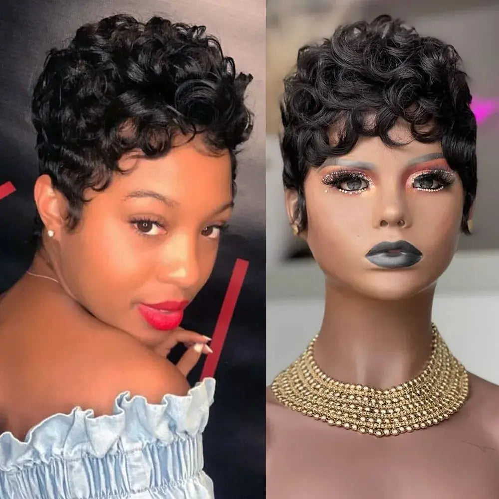 Curly Short Pixie Cut Remy Human Hair Glueless Wig