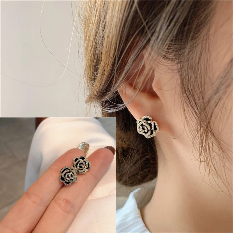 Elegant Black Camellia Zircon Stud Earrings for Women Luxury Quality Lady's Jewelry Small Earring Wedding Bride Accessories