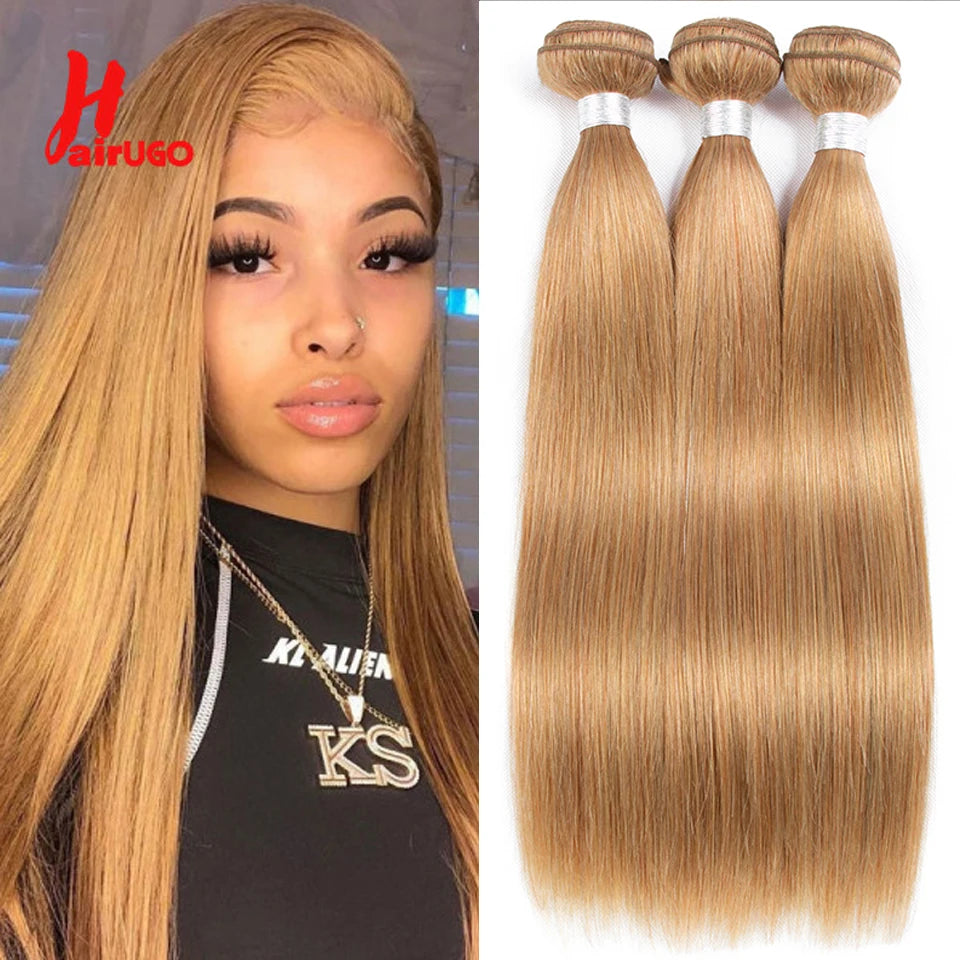 HairUGo #27 Honey Blonde Human Hair Extensions Remy Hair Weave Pre-Colored Brazilian #27 Straight Bundles Hair Weaving