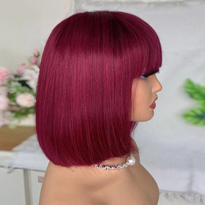 99J Burgundy Red Short Bob Human Hair Wig With Fringe For Women Straight Remy Hair Bob Wigs With Bangs Ginger Orange Color