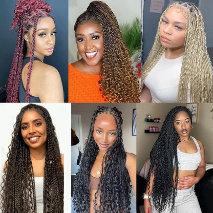 Boho Synthetic Braided Lace Frontal Wigs Curly Burgundy Red Full Locs Lace Braided Wig Pre-plucked Baby Hair Box Braids Wig