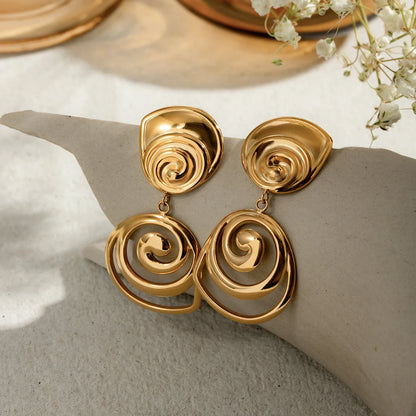 18K Gold Plated Round Rotate Threaded Pendant Earrings Stainless Steel Personality Statement Stylish Waterproof Jewelry Women