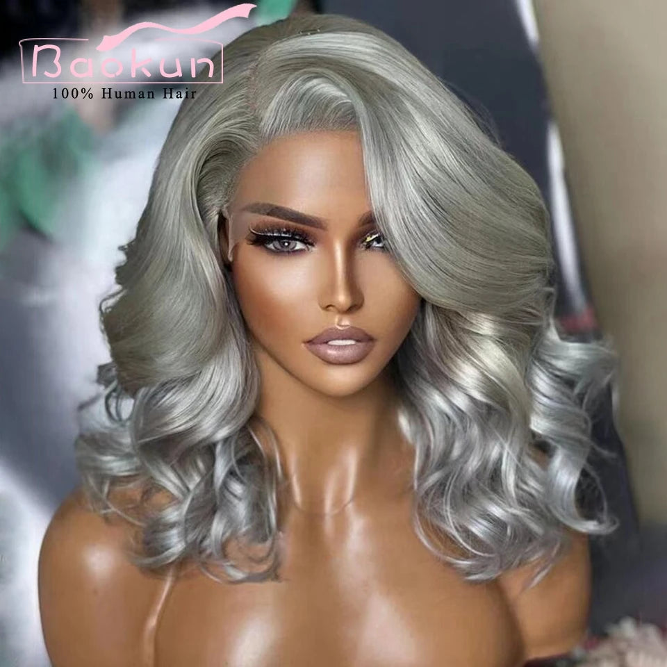 Side Part Grey Body Wave Lace Front Wig 360 Colored Human Hair Lace Frontal Wig