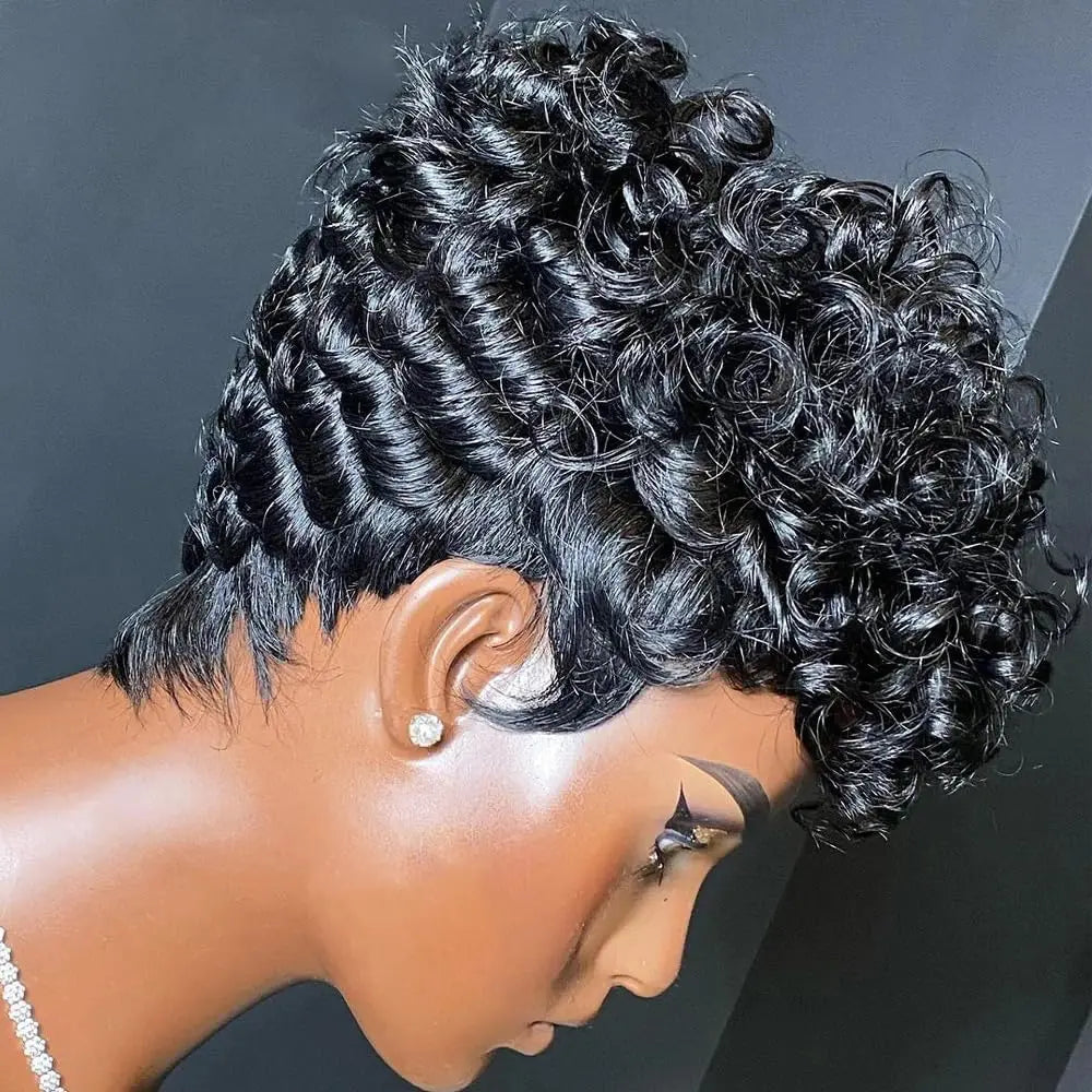 Curly Pixie Cut  Glueless None Lace Front