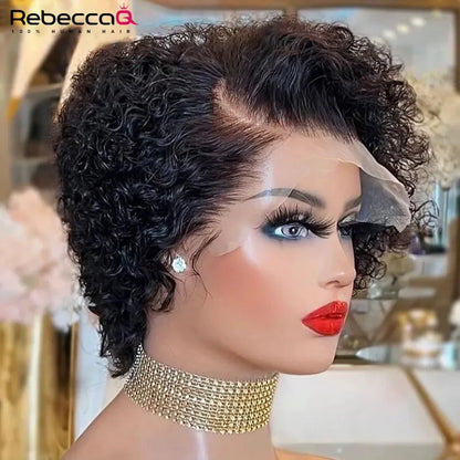 Short Bob Wig Pixie Cut Wig Curly Human Hair 13x1 Lace Front Transparent Deep Wave