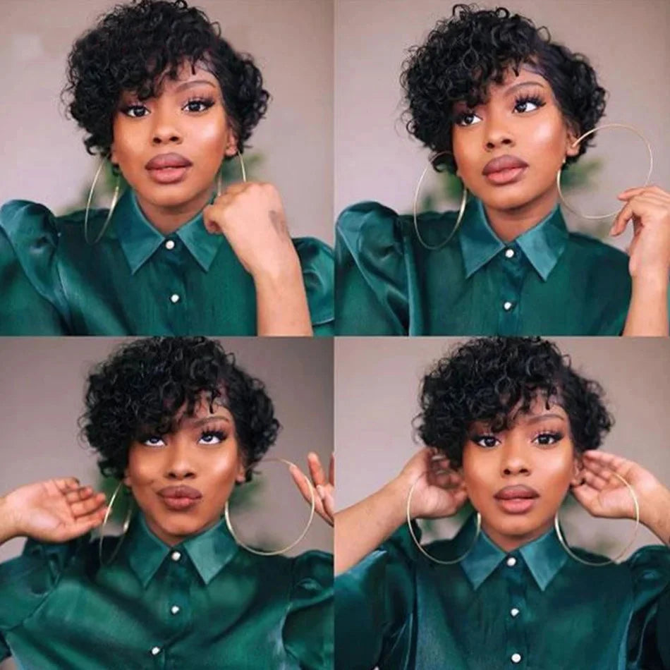 Short Kinky Curly Human Hair Lace Frontal Wig Pixie Cut