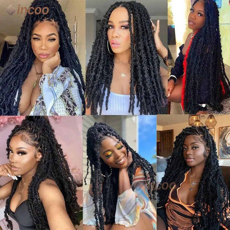 Full Lace Frontal Wigs For Women Butterfly Faux Locs Crochet Goddess Braided Wigs Pre Looped Distressed Crochet Dreadlocks Wigs