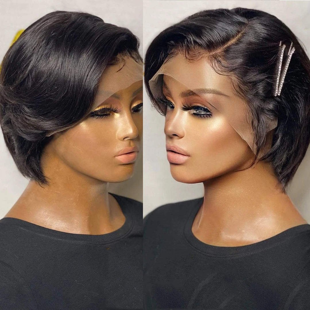 Short Bob Pixie Cut Wig Lace Frontal Straight Transparent  Preplucked Brazilian Hair