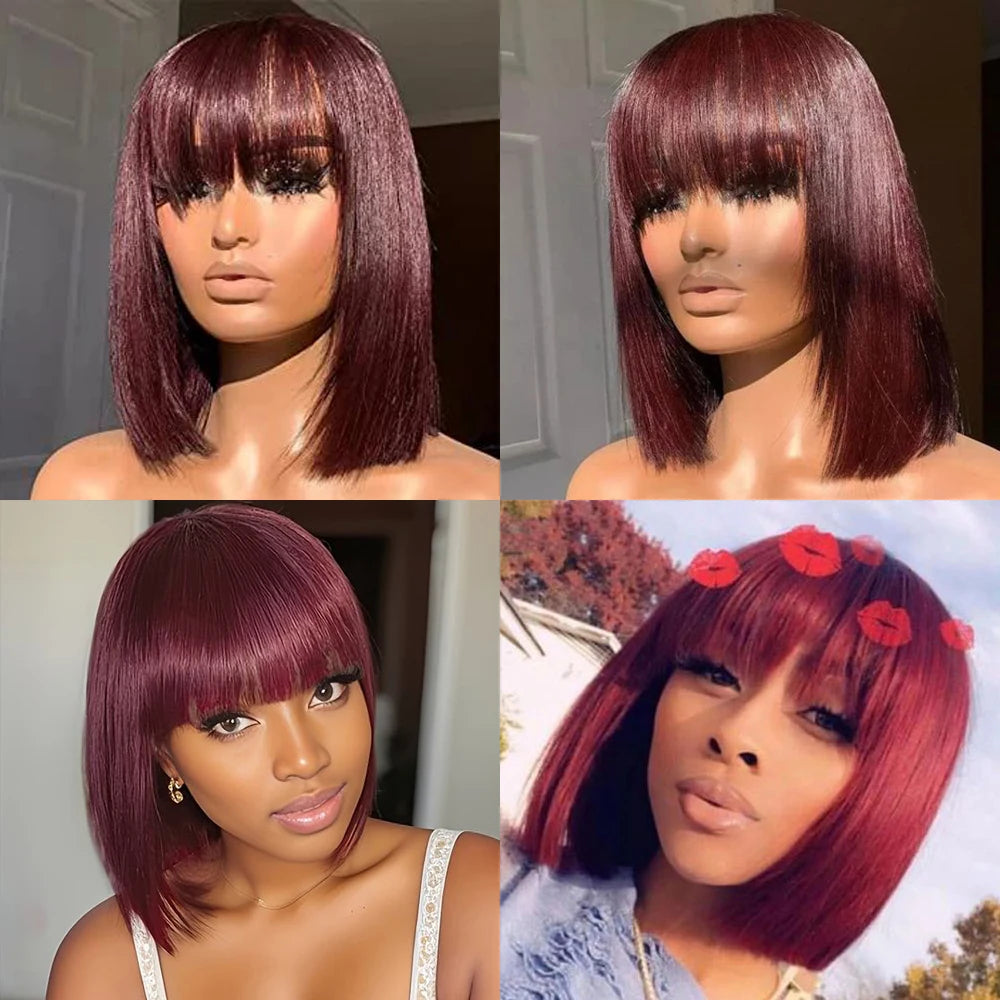 99J 180% Density Straight Bob Human Hair Wig With Bangs Full Machine Made Wigs For Women Dark Burgundy Colored Short Bob Wigs