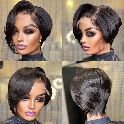 Short Bob Pixie Cut Wig Lace Frontal Straight Transparent  Preplucked Brazilian Hair