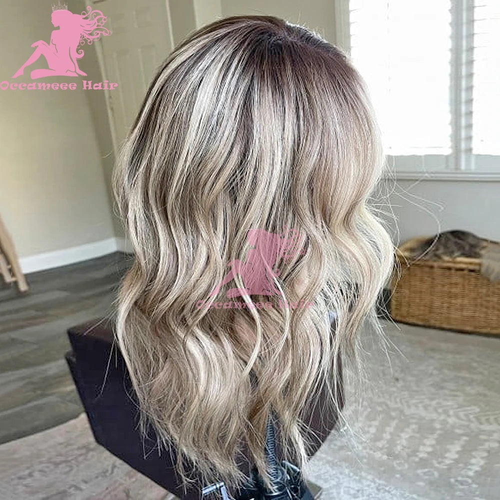 Highlight Human Hair Wigs Dark Roots Bleach Preplucked Blonde 360 Full Lace Frontal Transparent Swiss Lace Wig Natural Body Wavy