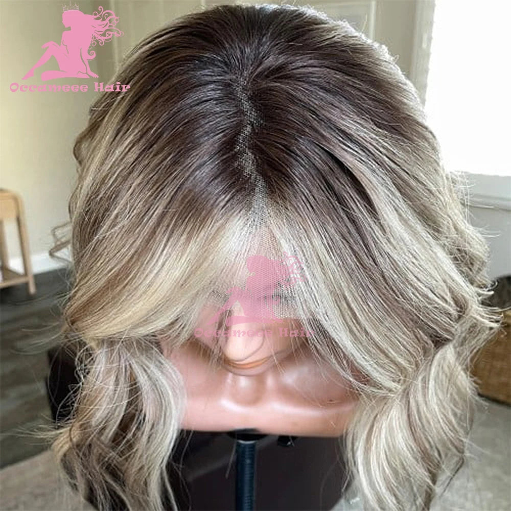 Highlight Human Hair Wigs Dark Roots Bleach Preplucked Blonde 360 Full Lace Frontal Transparent Swiss Lace Wig Natural Body Wavy